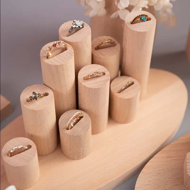 Ring Holder Vintage Natural Unpainted Wood Cone Jewelry Display Stand Rings Organizer Storage Case Showcase For Exhibit Props