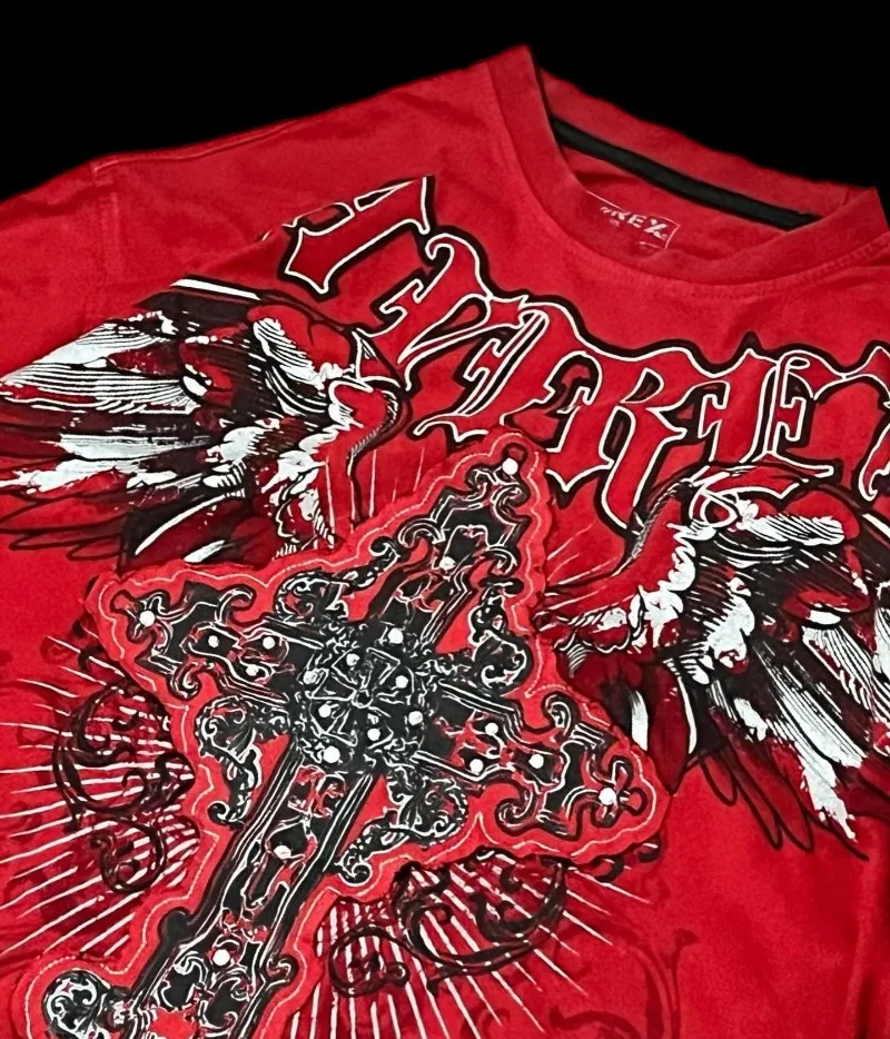 Y2K Gothic Kingdom Metal Cross Broken Wings Printing T Shirt High Street Broken Feeling Mens Short Sleeves Couple Collocation