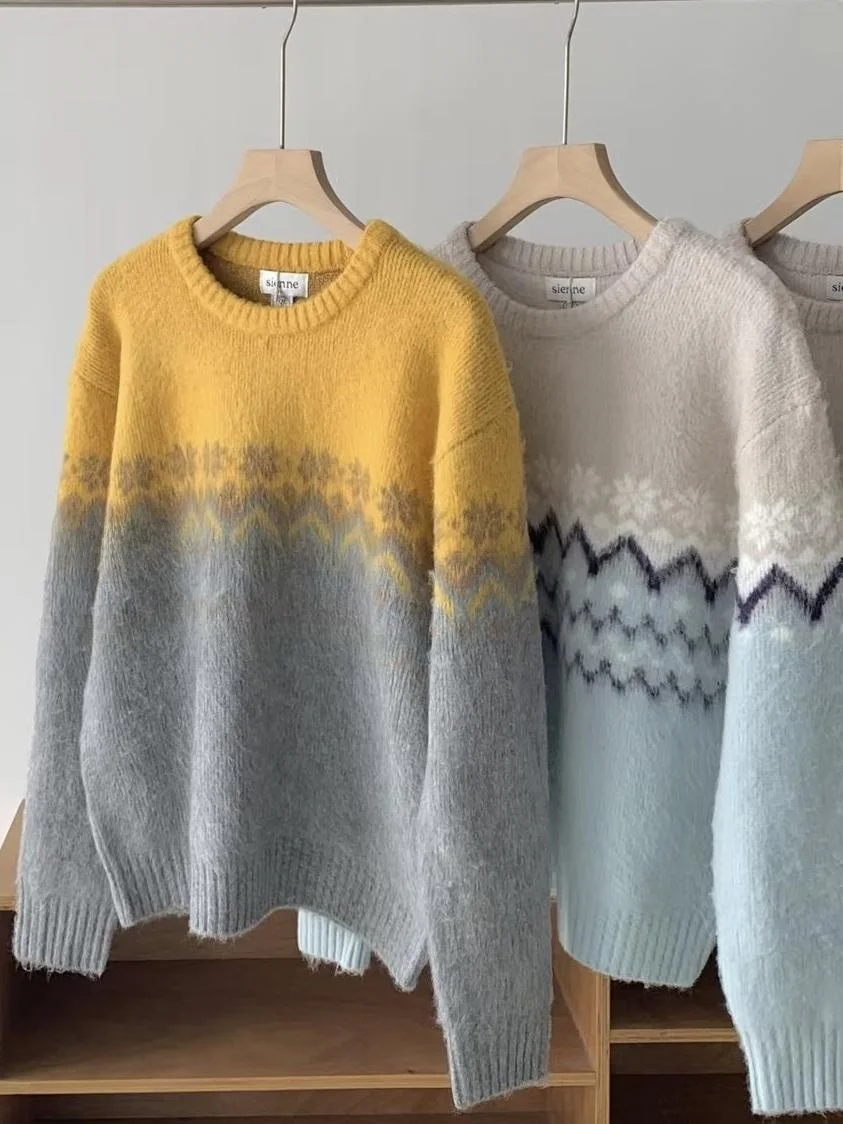 

Dongda Gate Ретро Sienne круглый вязаный свитер Ne Fair Isle с тяжелой вышивкой, цветной свитер Blo, осень 2024, осень 2024