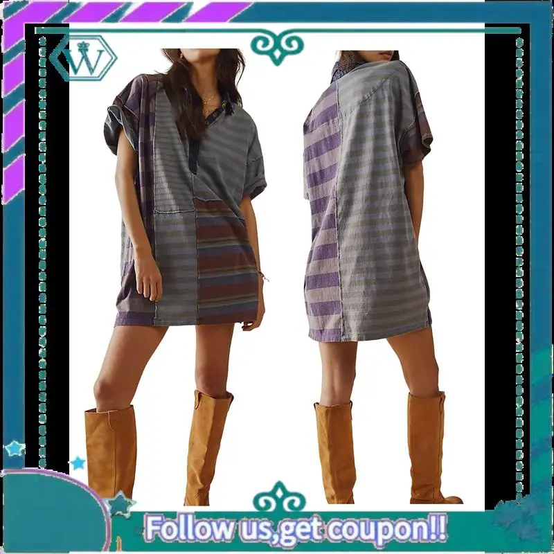 A09P Babydoll da donna a righe a contrasto Y2k Mini t-shirt patchwork estiva Abito vintage a maniche corte con scollo a V