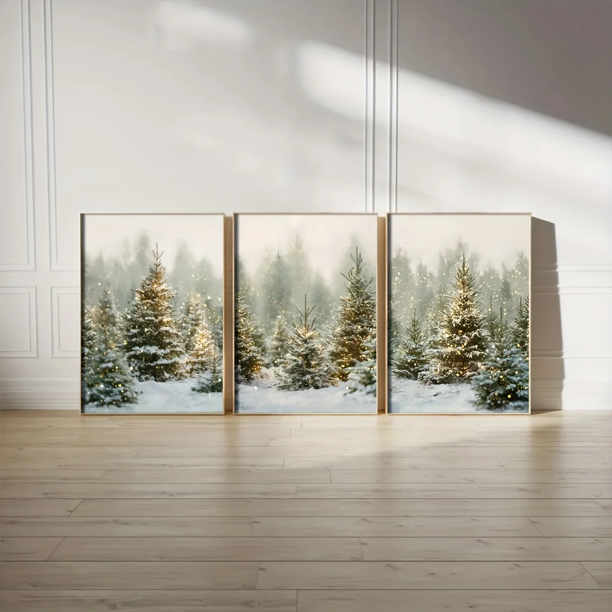 Winter Pine Forest Wall Art Set of 3, Snowy Christmas Tree Farm Poster Prints, Rustic Woodland Nature Scene, Christmas Holida