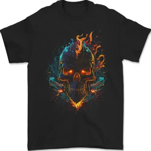 A Neon Skull With Flames Fantasy Demon Mens T-Shirt 100% Cotton