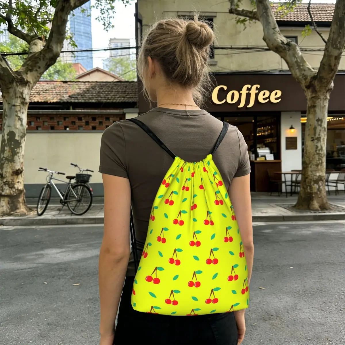 

Cartoon Cherry Pattern Backpacks Multi-function Drawstring Bags Sports Bag Book Bags for Man Woman Students
