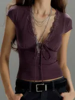 Sexy Vintage Lace Patchwork T-shirt Women Harajuku Fairy Bandage Pleated Tops 2025 Y2k Aesthetic Slim Fit Cropped Summer Tees