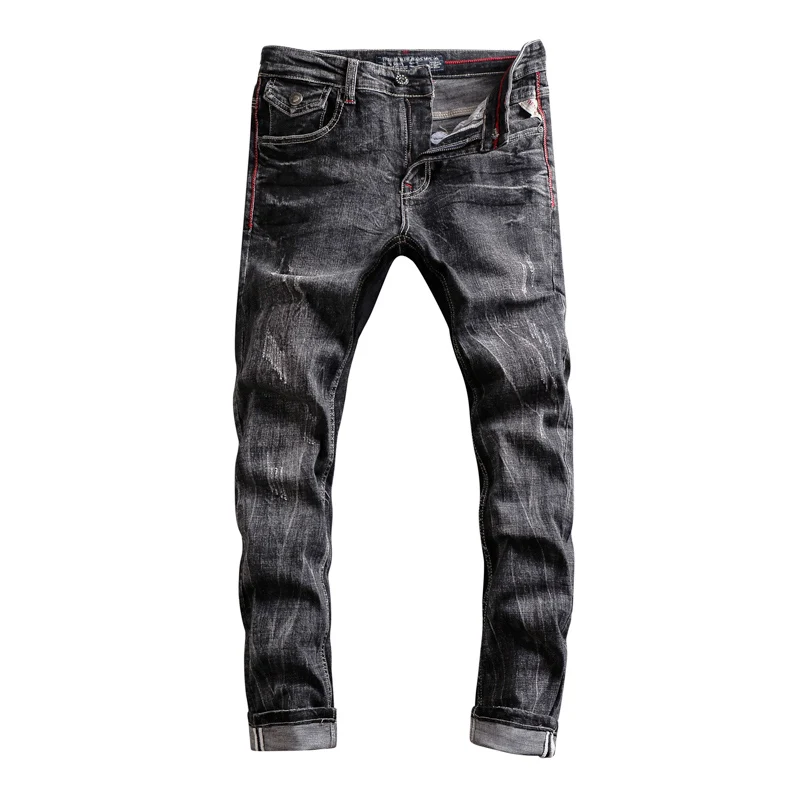 Estilo italiano moda masculina jeans retro preto cinza elástico fino ajuste rasgado jeans calças masculinas designer vintage casual denim calças