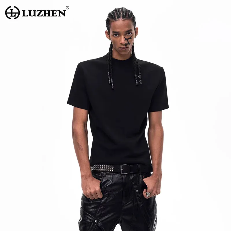 

LUZHEN 2026 Summer High Quality Solid Color Shoulder Pad Short Sleeve T-shirts Men's Fashion Handsome Casual Male Clothes JY6328