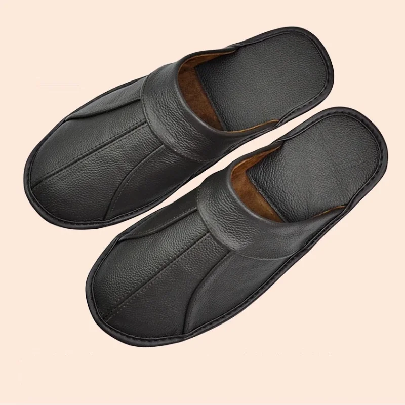 

Premium Comfort Slipper Men's Black Genuine Leather House Shoe Closed Toe Slip On Scuff Unisex Indoor Casual Home Slides Slipper