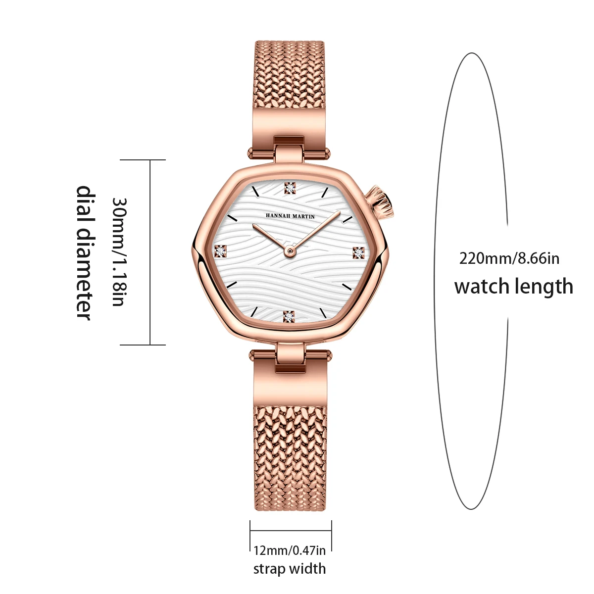 ساعة كوارتز أصلية ماركة هانا مارتن، حزام شبكي من الفولاذ المقاوم للصدأ بتصميم هندسي، حركة مستوردة للنساء، ساعة رياضية للعمل