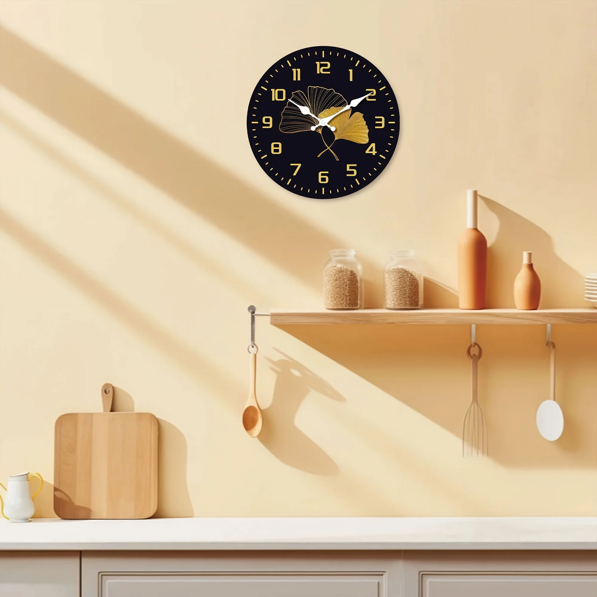 [Golden Ginkgo Leaf] 1pc Silent Golden Ginkgo Leaf Wall Clock | Fantasy Theme, Japanese Quartz Movement, Round Wooden Design, Suitable for Living Room, Bedroom, Kitchen, Home Office, Christmas, New Year Gift (AA Batteries Not Included)