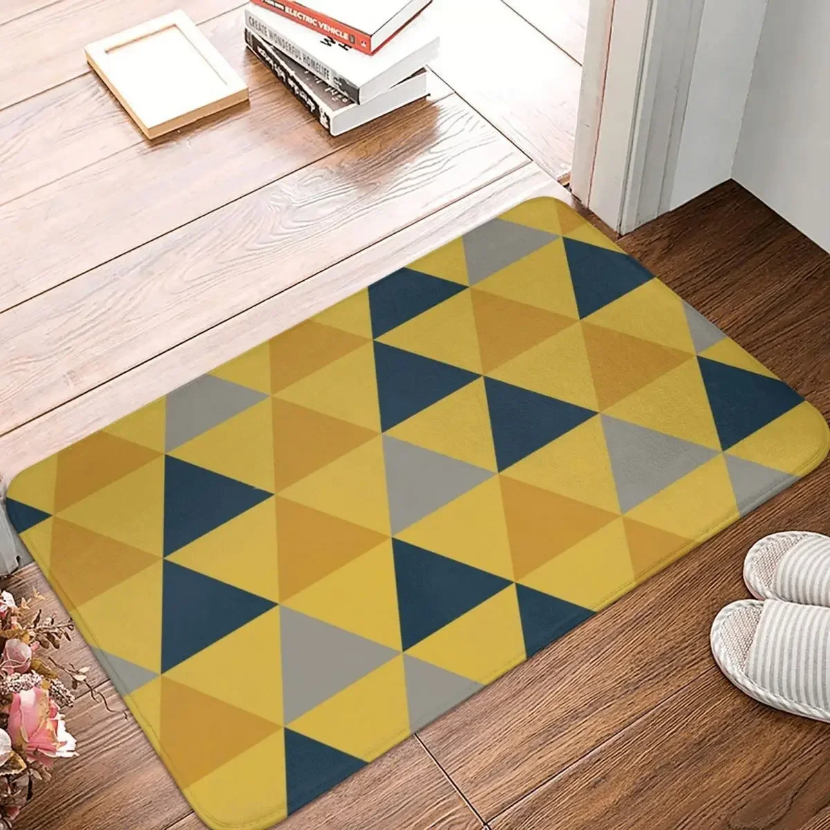 Triangular Dark Mustard Yellow, Light Mustard Yellow, Navy Blue, And Grey. Minimalist Geometric Pattern Doormat carpet Kitchen