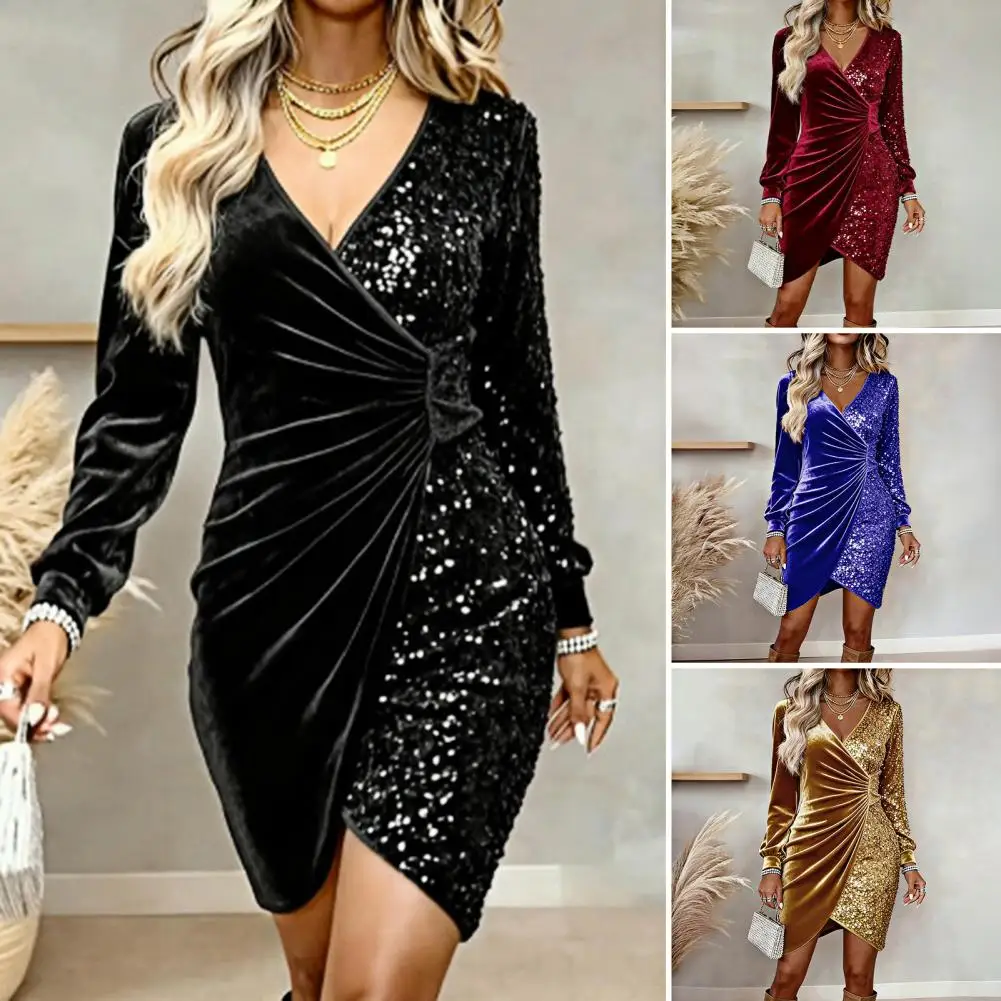 Sequined Velvet Mini Skirt Women Dress Women’s Velvet Sequin Wrap Mini Dress Long Sleeve Ruched Bodycon Cocktail Dress Glitter