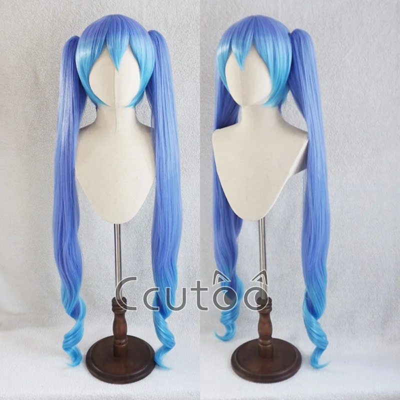 ccutoo 120cm Miku Bluish Violet Blue Purple Mixed Long Curly Synthetic Hair Cosplay Wigs Removable Ponytails