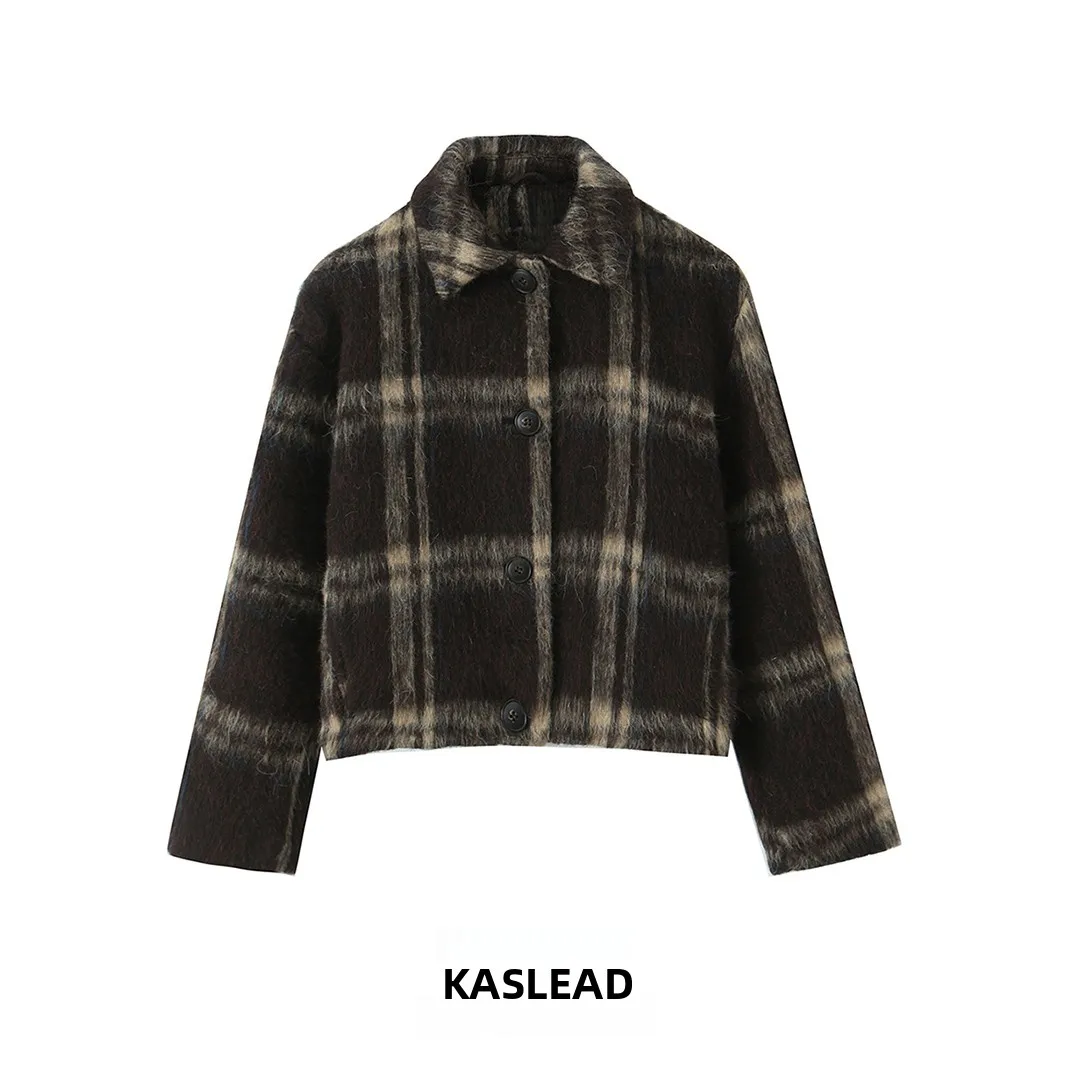 

KASLEAD New Women's Faionable Plaid Jaet Coat Street Sle Long Sve Button Closure Polyester Fiber Ladies Outerwear