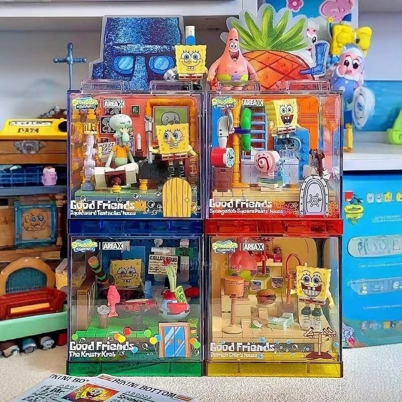 Caja de bloques de construcción SpongeBob SquarePants, modelo de juguete de ensamblaje de Anime, juego de exhibición coleccionable, regalos de vacaciones para niños