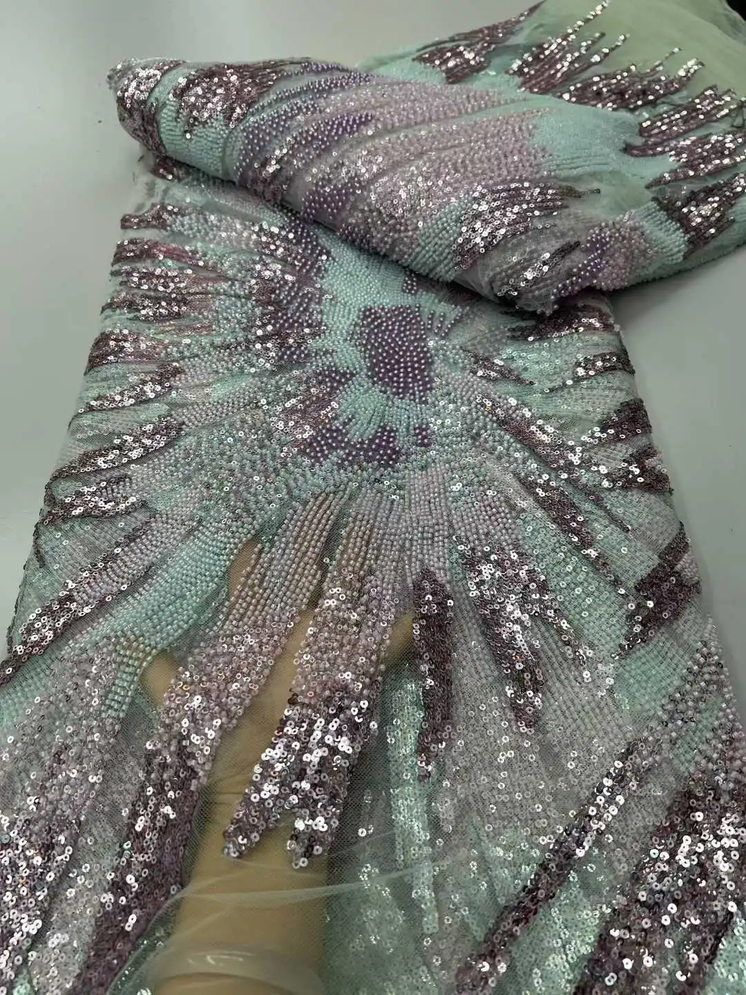 Mais recente design de moda de lantejoulas feito à mão contas bordadas para vestido de casamento feminino tecido de renda venda por 5 jardas