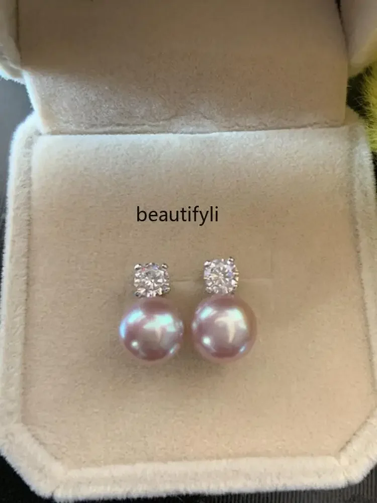 lt Natural strong light freshwater pearl stud earrings niche light luxury s925 sterling silver anti-allergic earrings