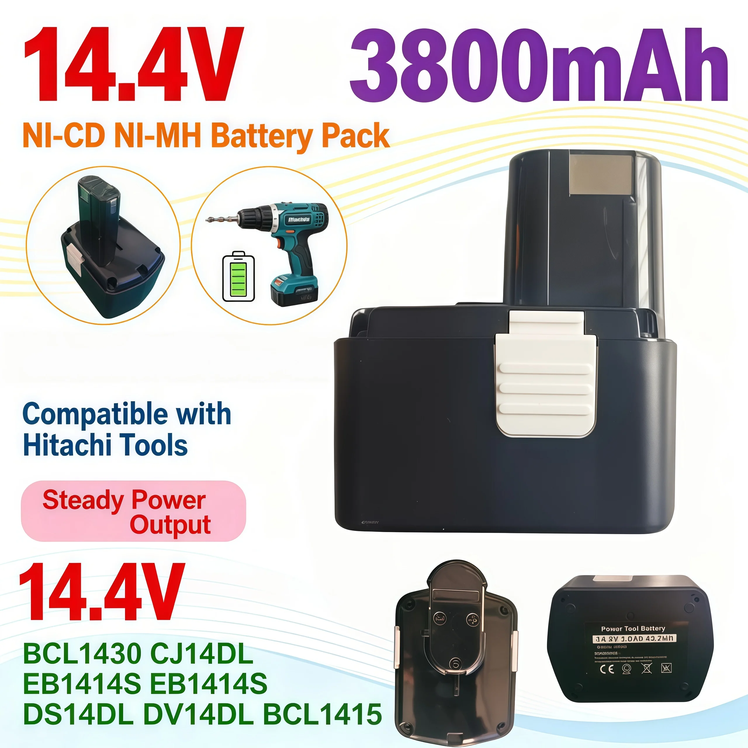 3800mAh 14.4V NI‑CD NI‑MH Replacement Battery For Hitachi Cordless Drill BCL1430 EB1414S DS14DL DV14DL CJ14DL
