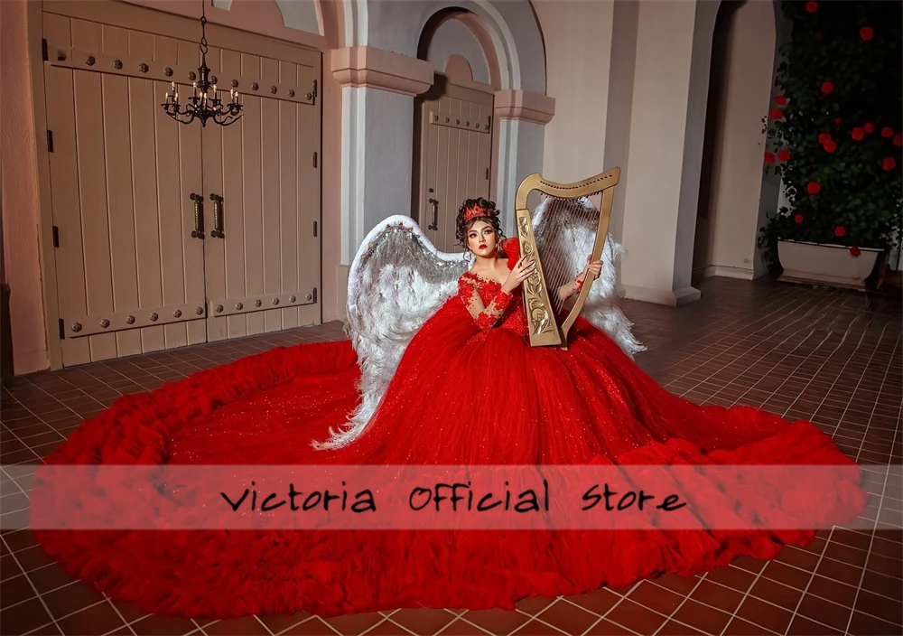 Red Ruched Ruffels Train Lace Applique Mesh Long Sleeve Quinceanera Dress Ball Gown 18th Birthday Debut vestido de charra 15 año