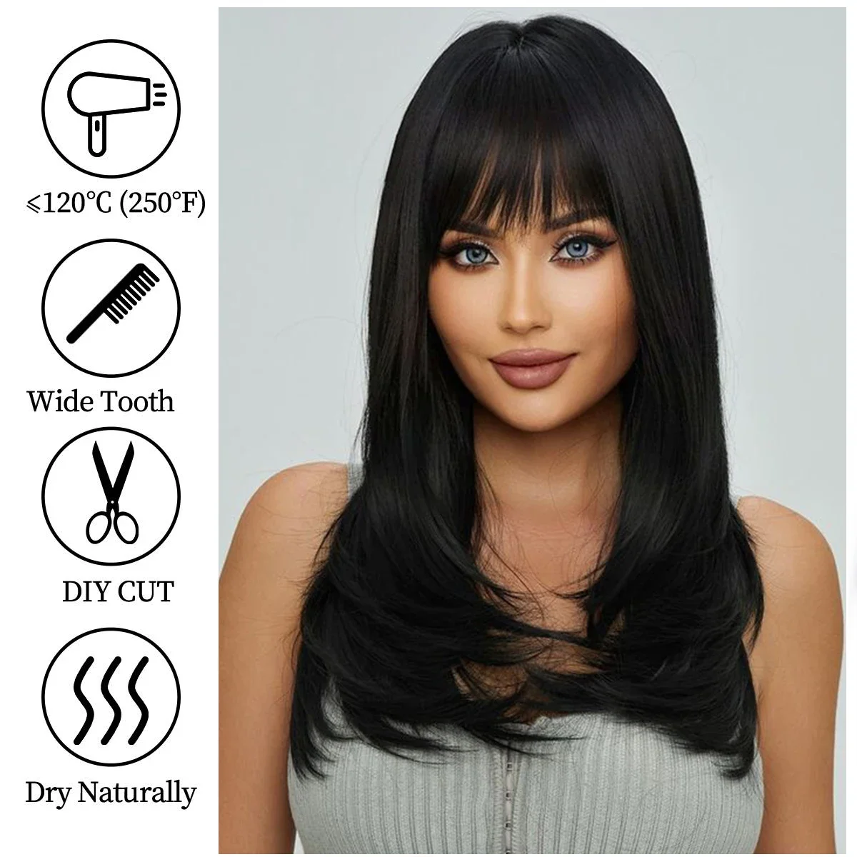 White Layered Wigs for Women Long Natural Straight Wig with Bangs Black Synthetic Heat Resistant Fake Hair Cosplay Wig Lolita