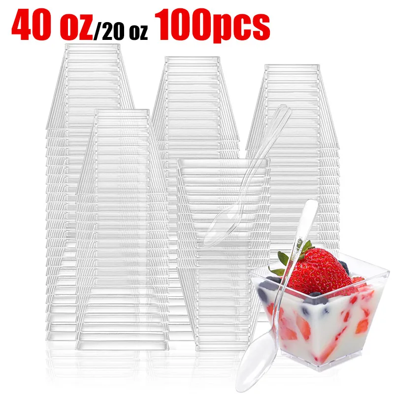 100PCS 40/20oz Mini Square Clear Plastic Dessert Cups Party with Small Plastic Dessert Cups Great for Desserts,pudding,mousse