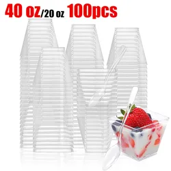 100PCS 40/20oz Mini Square Clear Plastic Dessert Cups Party with Small Plastic Dessert Cups Great for Desserts,pudding,mousse