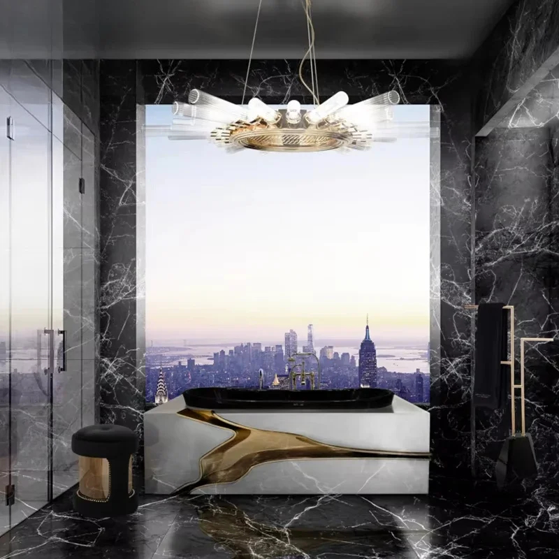 The hotel features a modern design with a freestanding bathroom bathtub