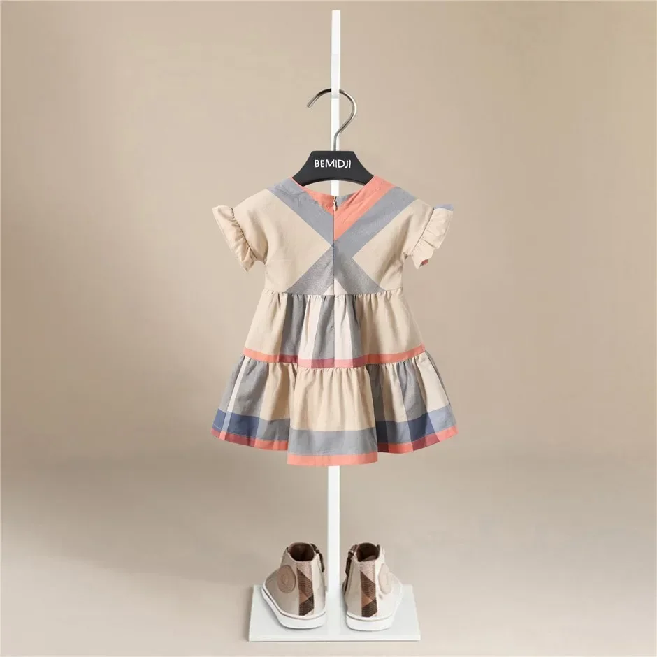 Summer New Cute Girl'S Dress Sweet Rose Sriped Plaid Korean Version Loose Bubble Sleeve Cotton Beach Skirt Kids Clothes