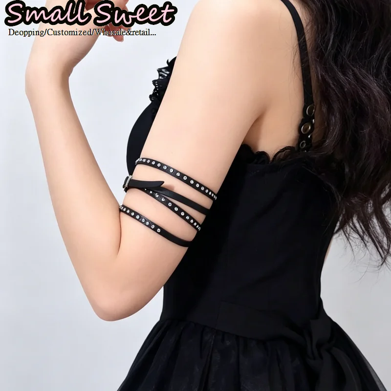 Harajuku Y2K Girl Subculture Lolita Punk Gothic Beaded Tie Straps Metal Rivets Leather Upper Arm Cuffs Alternative Armlet