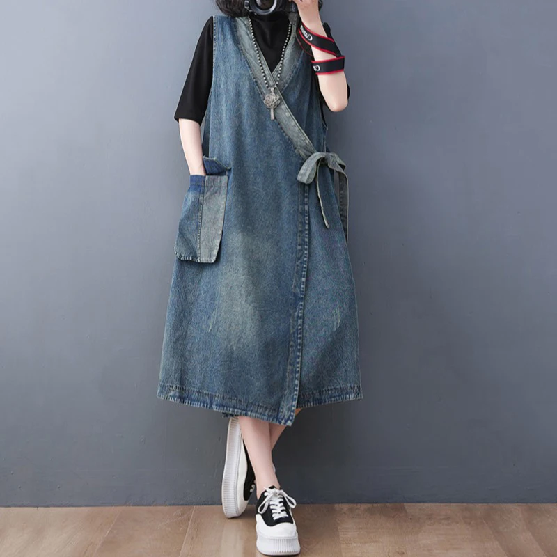 

Plus Size Waed Vintage Denim Svel Dr Large Size Women's Cross V-ne Belted Big ket Vest Dr Casual Commute Sle