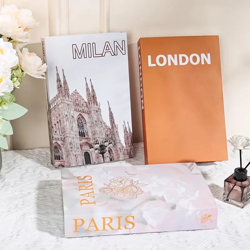 New 3Pc Foldable Fashion Decor Fake Book Paris London Milan Mannheim Coffee Table Ornaments Club Hotel Room Villa Prop Books