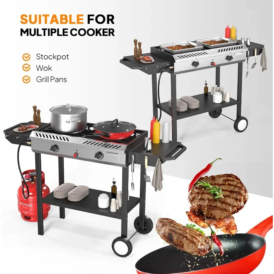 2 الموقد البروبان موقد غاز مع الإشعال التلقائي 150000 وحدة حرارية بريطانية موقد للتخييم مع رف تخزين وعجلات المتداول المحمولة في الهواء الطلق