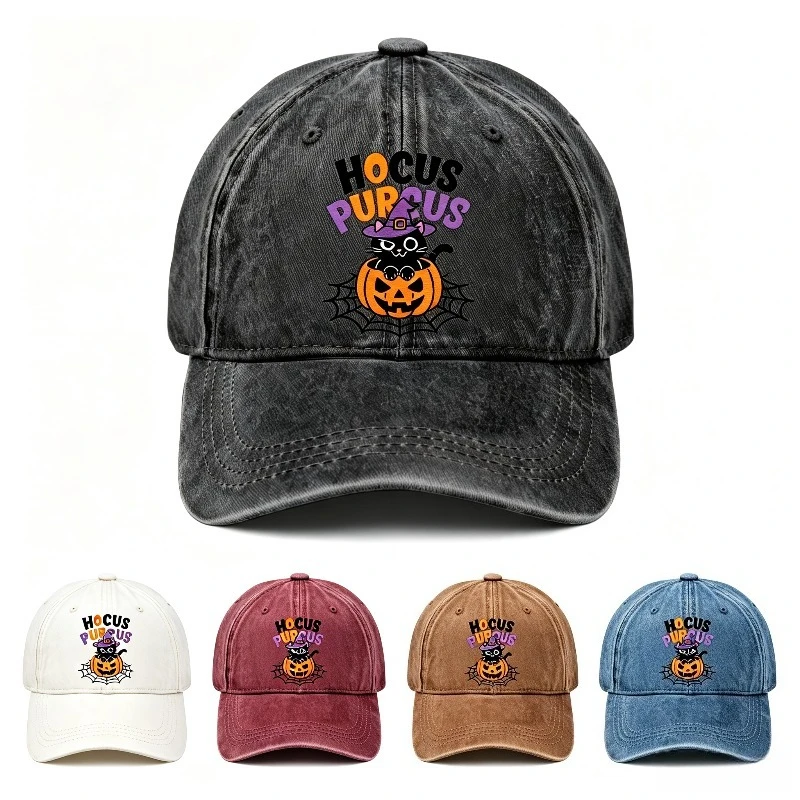 Vintage Washed Baseball Cap Hocus Pocus Black Cat Pumpkin Embroidery Adjustable Dad Hat Unisex Halloween Holiday Casual Sun Hat
