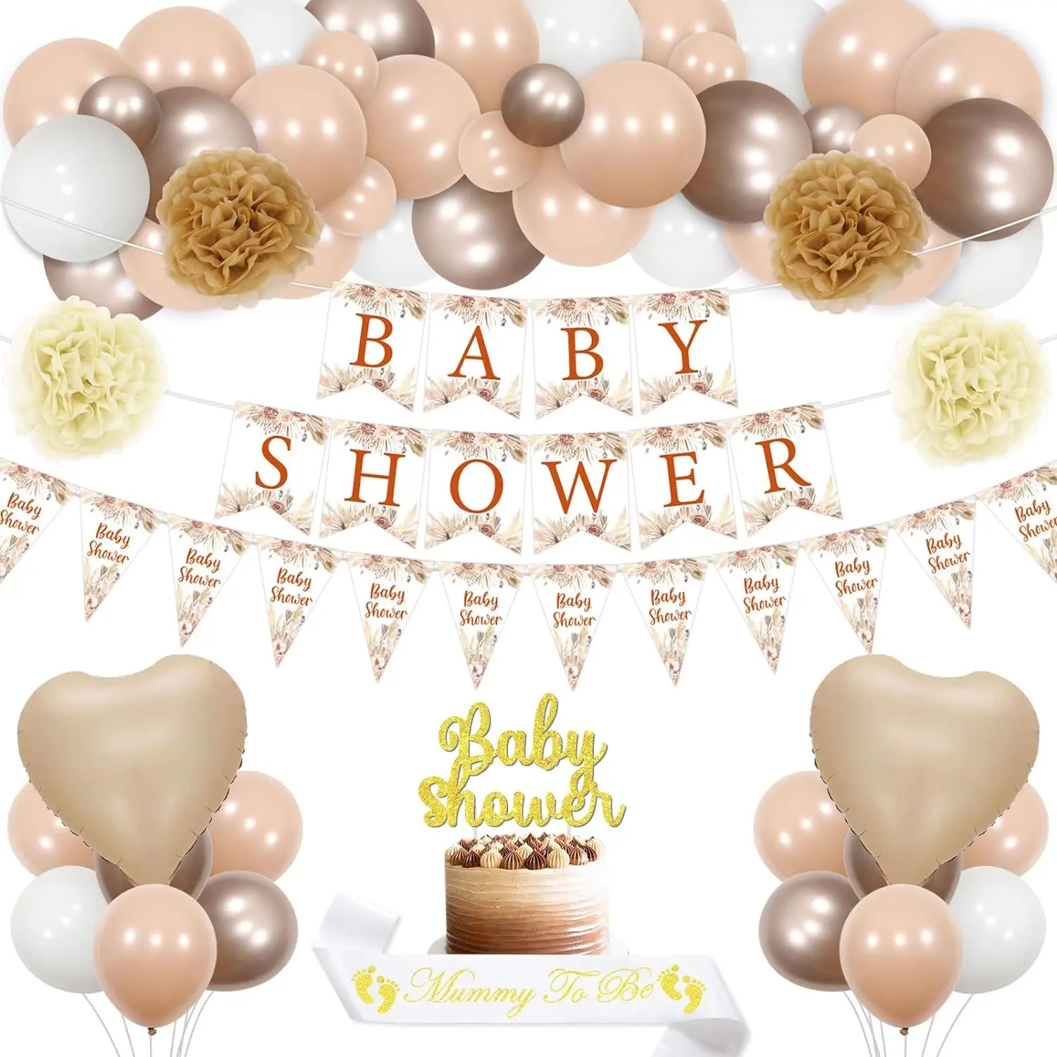 

Baby Shower Decor Beige Cream Balloon Garland Kit Flag Banner Mummy To Be Sash Cake Topper for Neutral Gender Reveal Party Decor