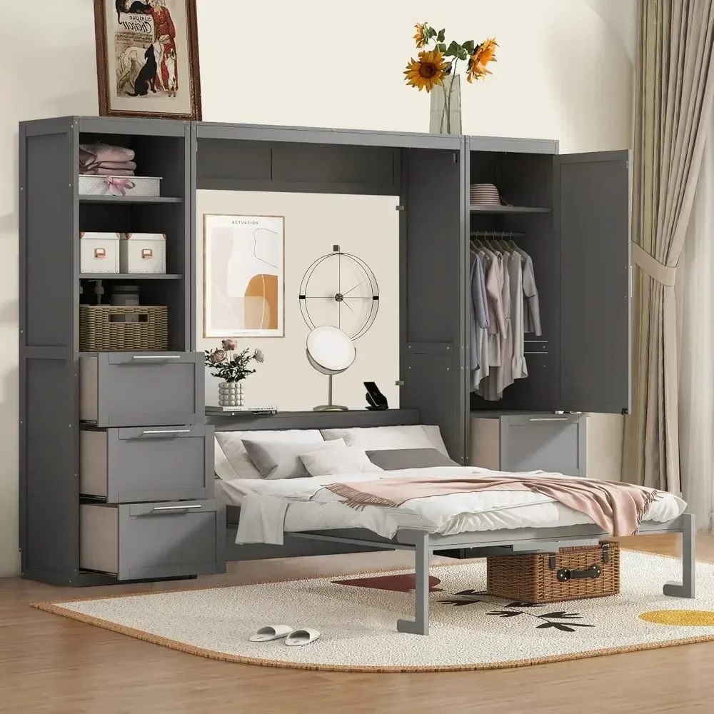 Harper & Bright Designs Cama tamaño Queen Murphy con armario, cama de pared con cajones y estantes, gris