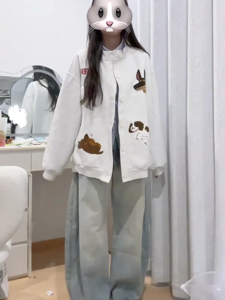 Koreaanse Lazy Sle Leuke Cartoon Hond Borduren Sweatshirt Jaet Dames Lente Herfst Losse Casual Paar Open Vest Top
