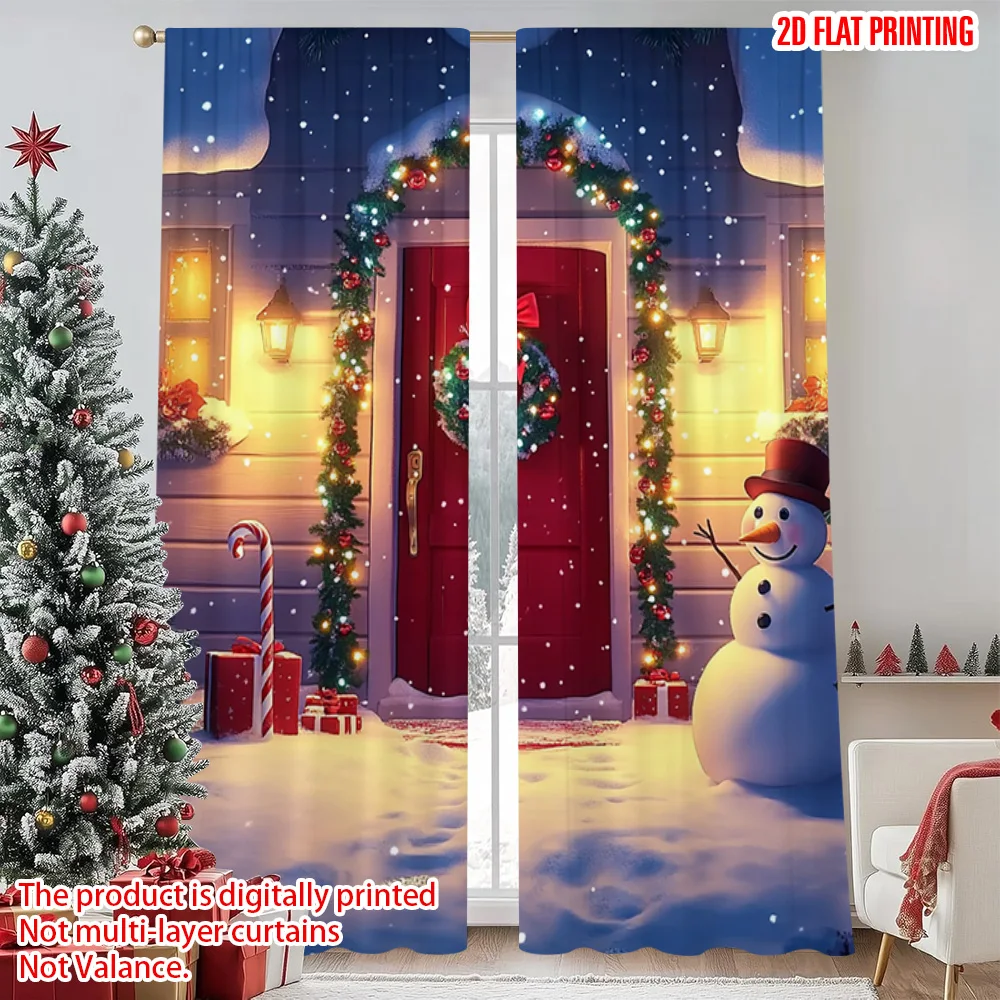 

2pcs 2D flat printing Merry Christmas Curtains Snow Village Snowman Durable 100% Polyester Fabric Without Electricity Spring