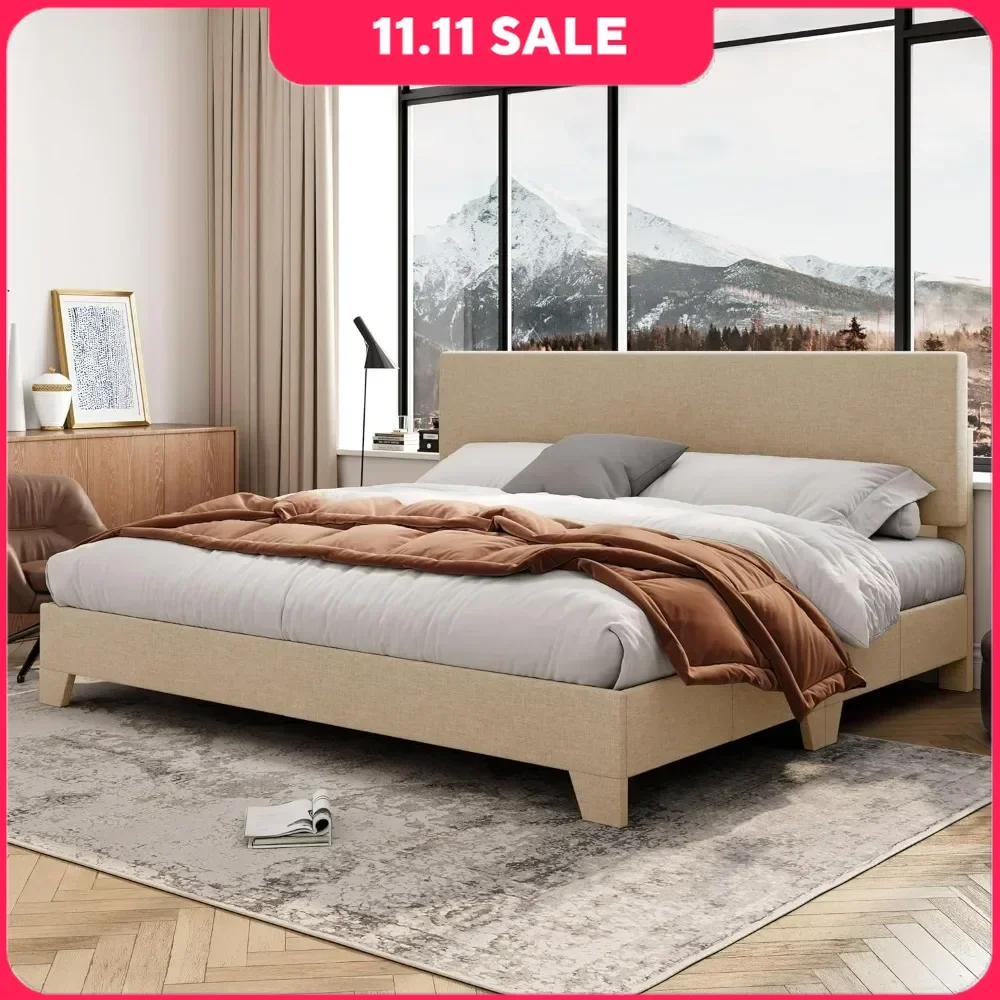 

Size Bed Frame with Adjustable Headboard, Upholstered Platform Bed with Wood Slats, Heavy Duty Mattress Foundation