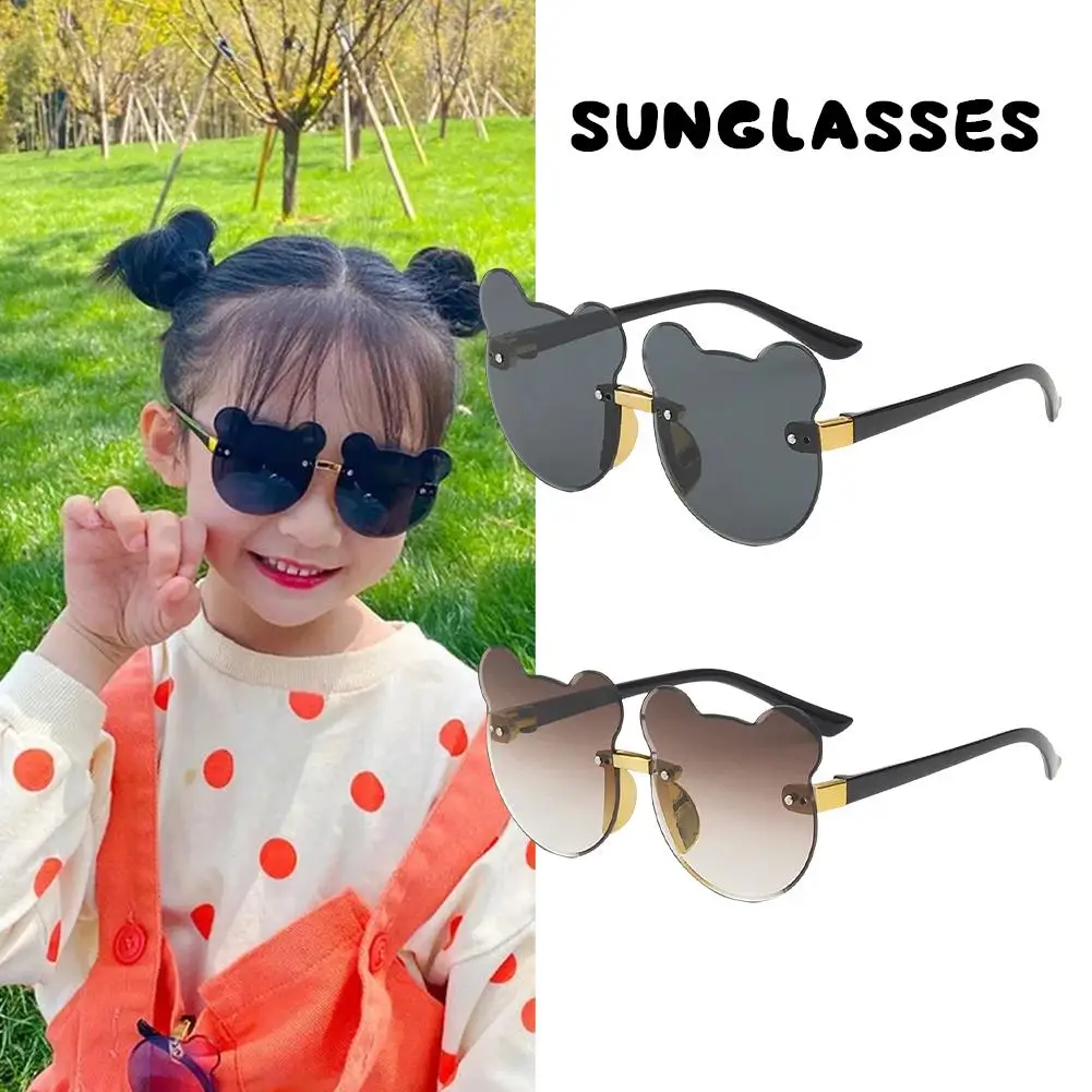 Girls Boys Cartoon Bear Rimless Sunglasses UV400 Children Round Glasses Ultraviolet-proof Infant Eyewear Outdoor Eyeglass R G4L6