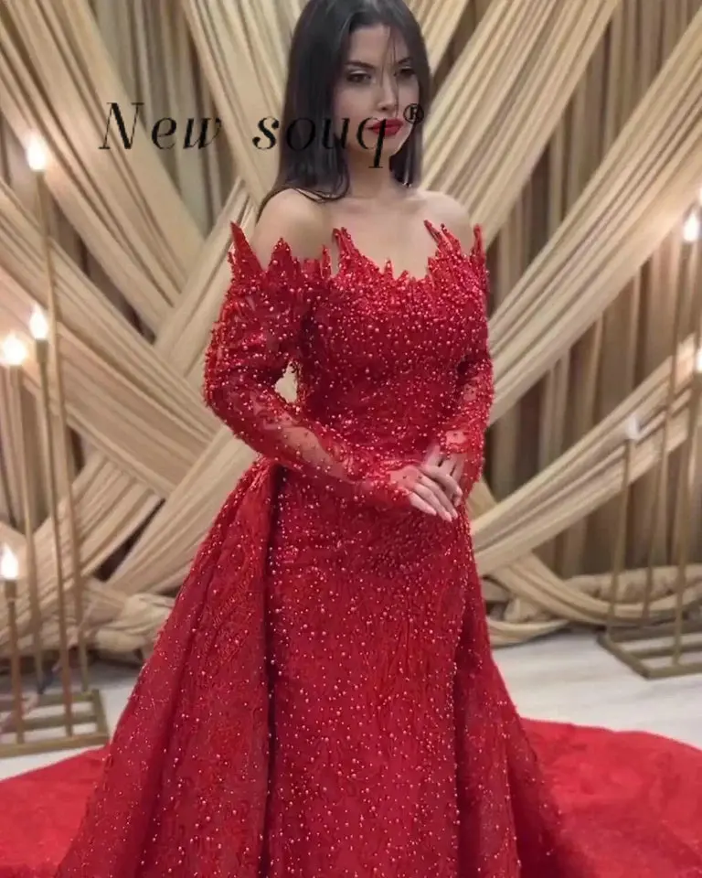Robe de soirée sirène rouge arabe, épaules dénudées, avec traîne détachable, perles personnalisées, robes de soirée de fiançailles, grande taille