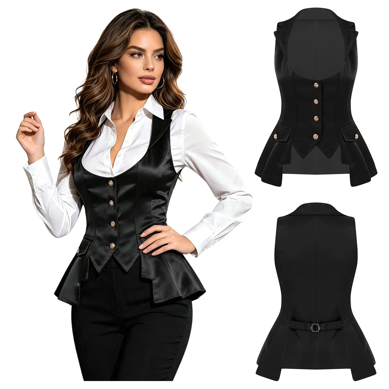 Womens Victorian Satin Waistcoat Top Sleeveless Irregular Hem Buttons Ruffled Vest Tops for Gothic Victorian Themed Fancy Party