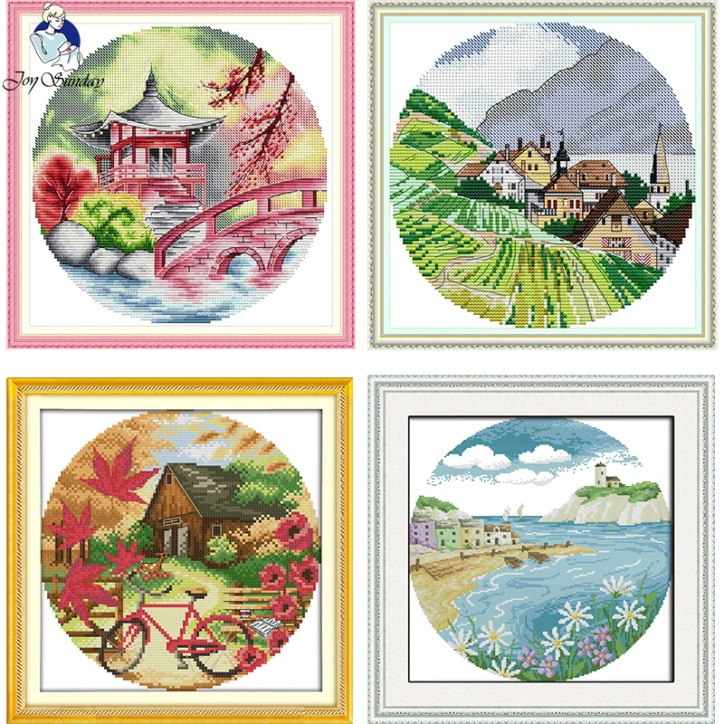 Round Scenery Painting Series Joy Sunday Counted Cross Stitch Kit 14CT 11CT White Fabric Printed Needle ＆ Thread Set Home Decor