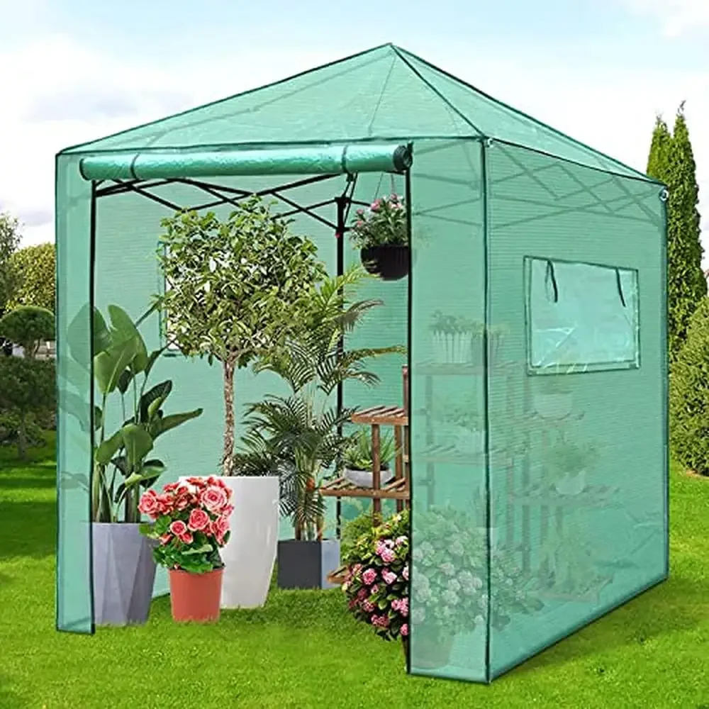 

8'x 8' Portable Walk-in Greenhouse Pop-up Grow House with Sturdy PE Cover and Roll-Up Door & Window Easy Setup and Stable