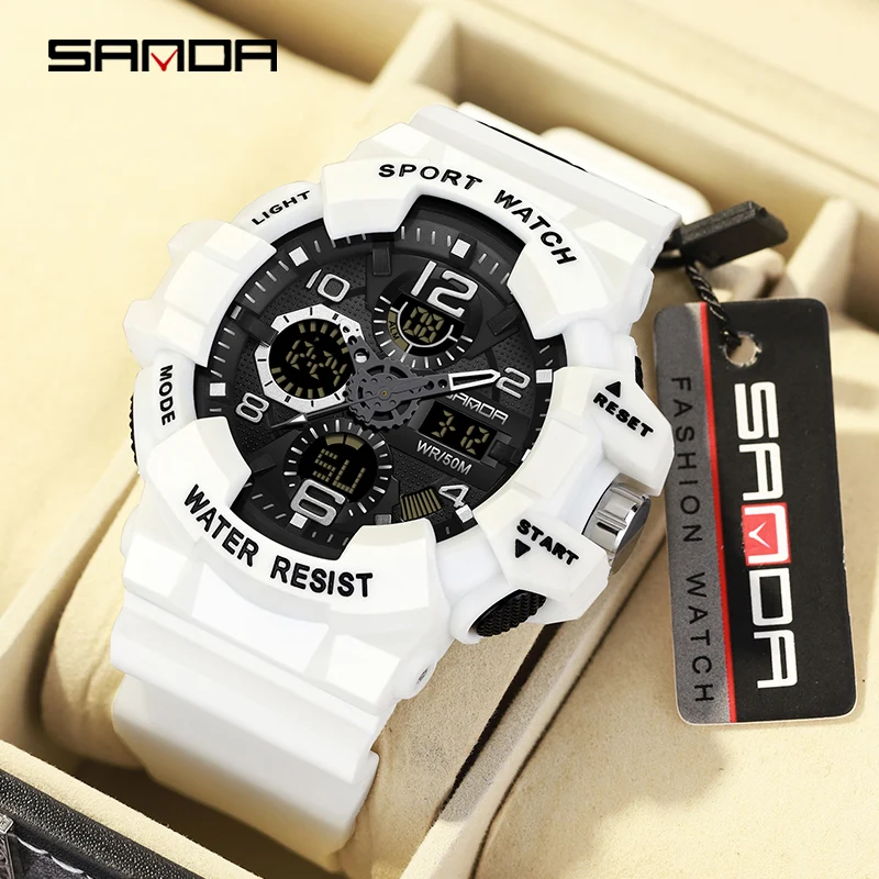 SANDA Men Military Watches White Sport Watch LED Digital 50M Waterproof Watch Men Multifunction Clock Relogio Masculino 3168