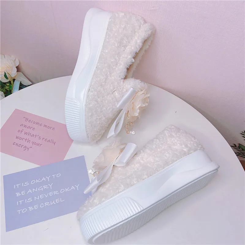 Thick Soled Hairy Shoes Winter Round Toe Shallow Mouth Sponge Cake Casual Shoes Lolita With Plush Flowers Vintage Cotton Shoes