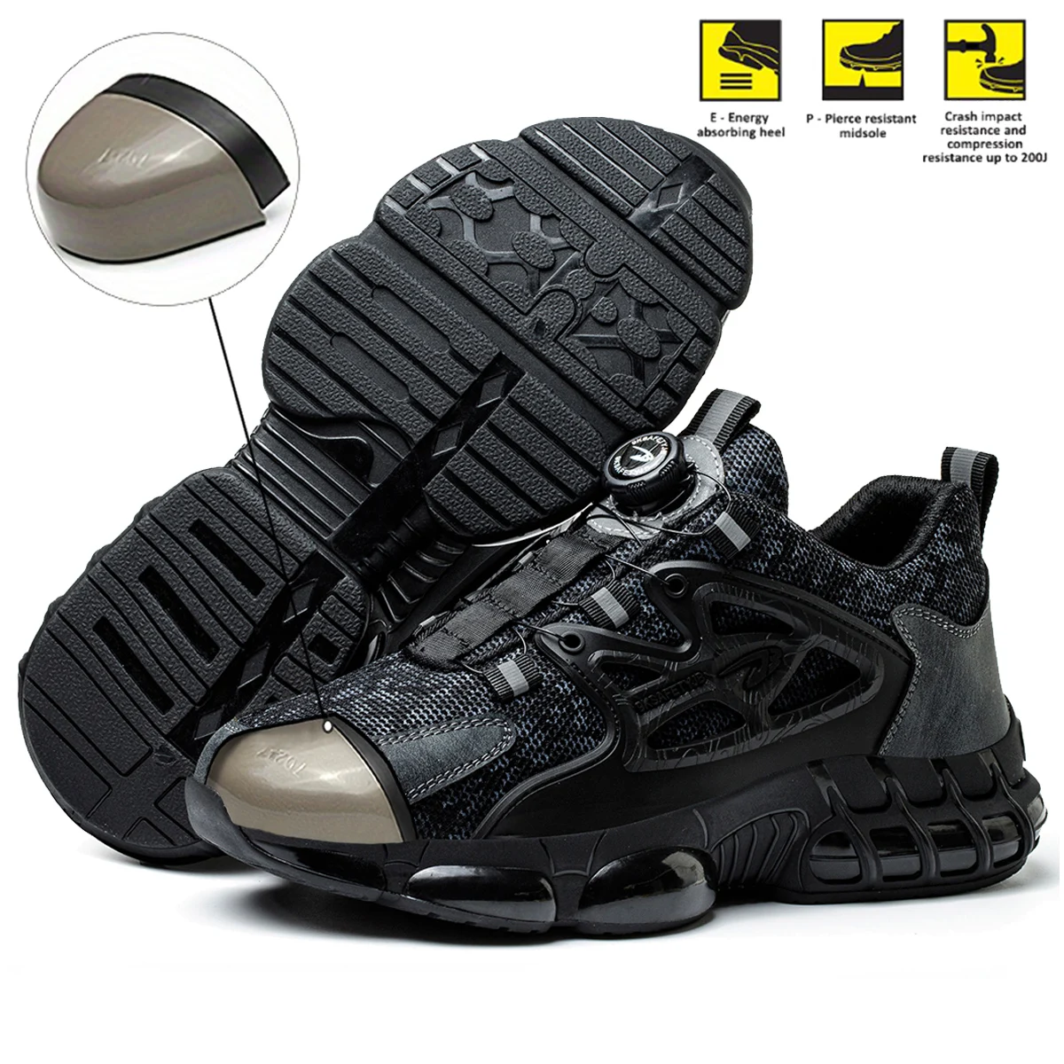 Rotating Button Safety Shoes Men Black Work Sneakers Indestructible Shoes Puncture-Proof Protective Shoes Work Steel Toe Boots