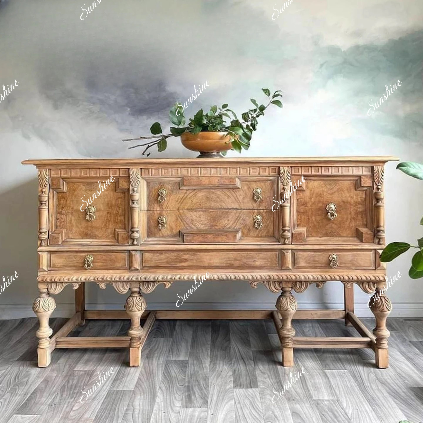 

American vintage solid wood carved entryway cabinet living room old storage display cabinet