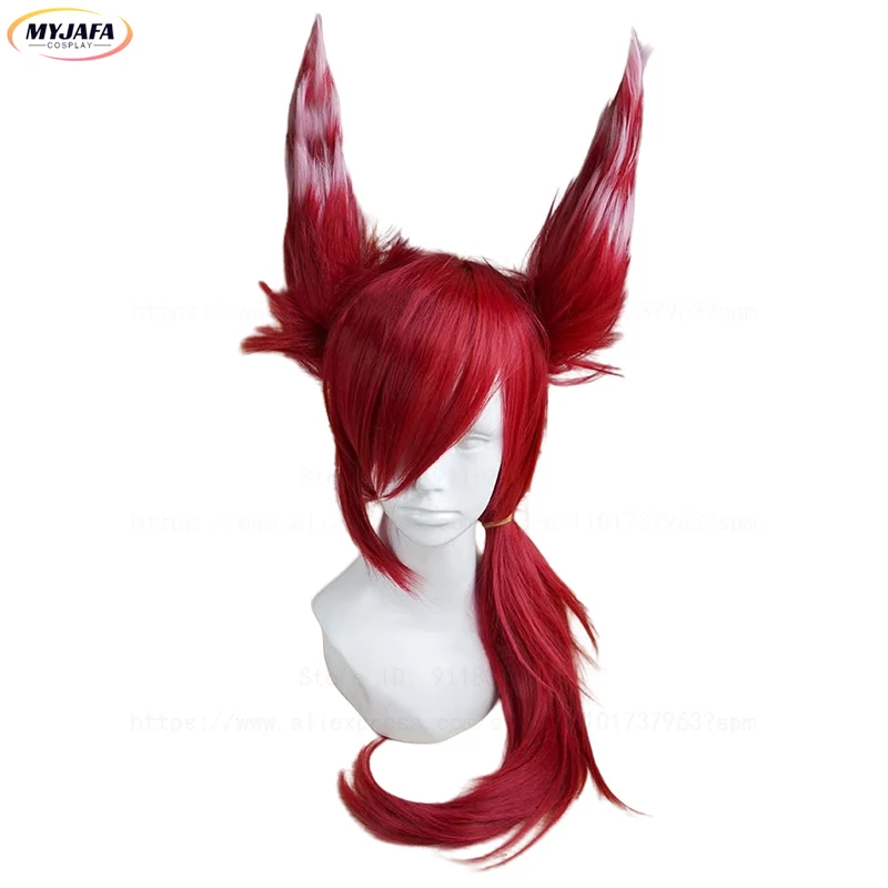 Xayah Cosplay Wig With Ears New 136th Champion LOL Cosplay Red Ponytail Heat Resistant Synthetic Hair Anime Wigs + Wig Cap