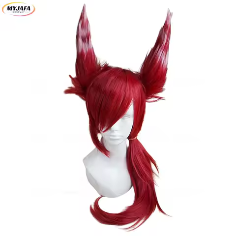 Xayah Cosplay Wig With Ears New 136th Champion LOL Cosplay Red Ponytail Heat Resistant Synthetic Hair Anime Wigs + Wig Cap