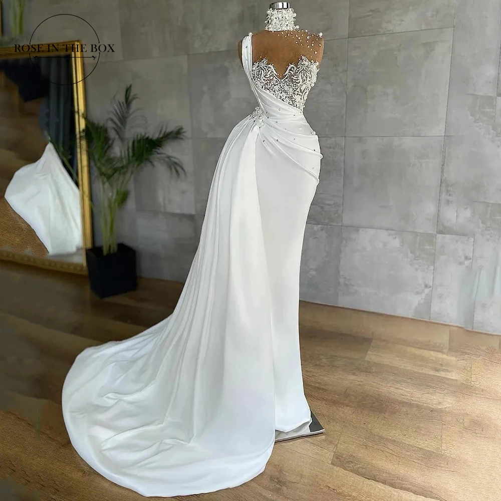 Designer Mermaid Wedding Dresses 2025 Customized Women High Neck Lace Pearl Beaded Robe De Mariée Elegant Satin Bridal Gowns