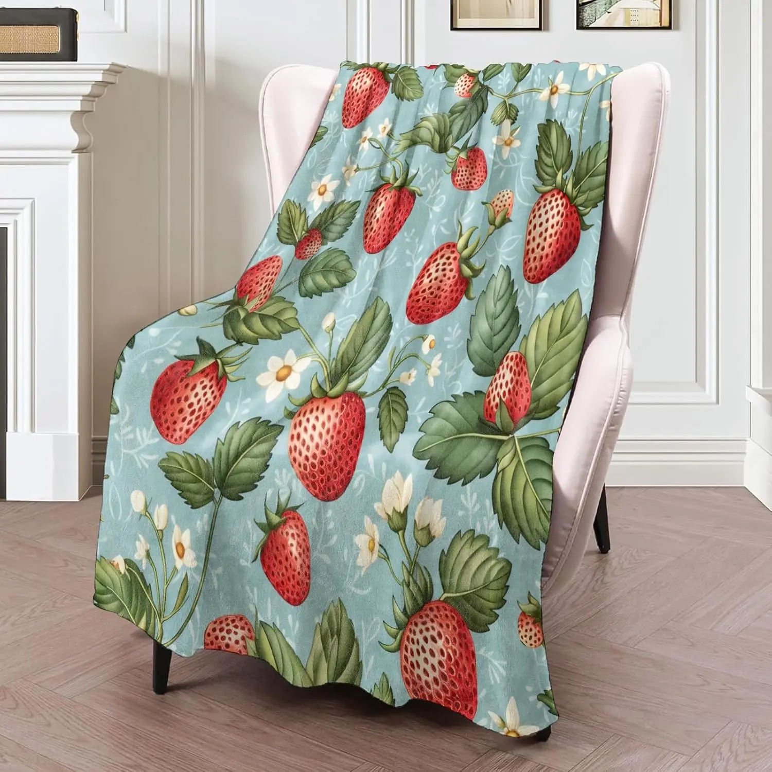 Strawberry Floral Flannel Blanket ,Red Berries and White Flowers on Blue,Soft Lightweight Throw for Girls,Home Decor or Spring